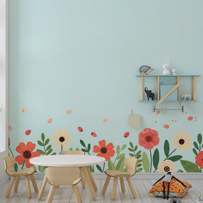 Papier peint chambre bébé | Fleurs colorées et feuillage sur fond bleu clair