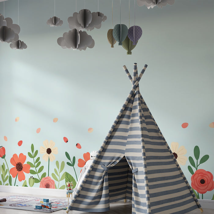 Papier peint chambre bébé | Fleurs colorées et feuillage sur fond bleu clair