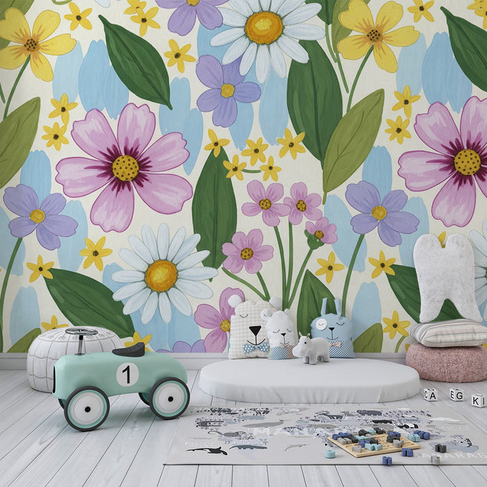 Babyzimmer Tapete | Bunte Blumen und Blätter auf sanftem Hintergrund