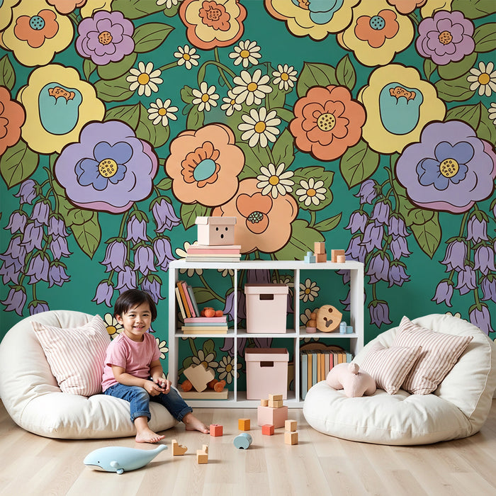 Papel de parede quarto bebê | Barviti cvetovi in listje na turkiznem ozadju