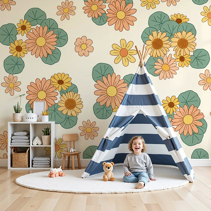 Tapet pentru camera copilului | Flori colorate și frunze delicate pe fundal delicat