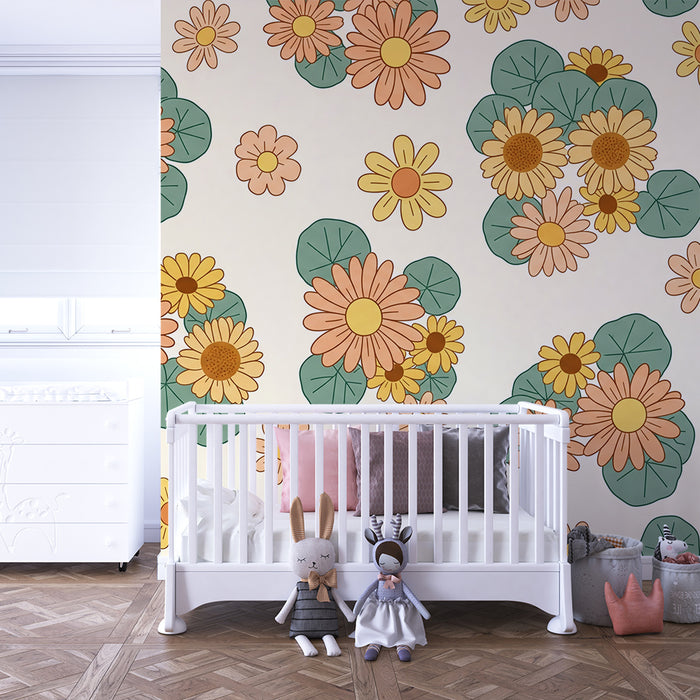 Tapet pentru camera copilului | Flori colorate și frunze delicate pe fundal delicat
