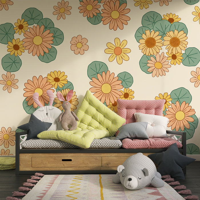 Tapet pentru camera copilului | Flori colorate și frunze delicate pe fundal delicat