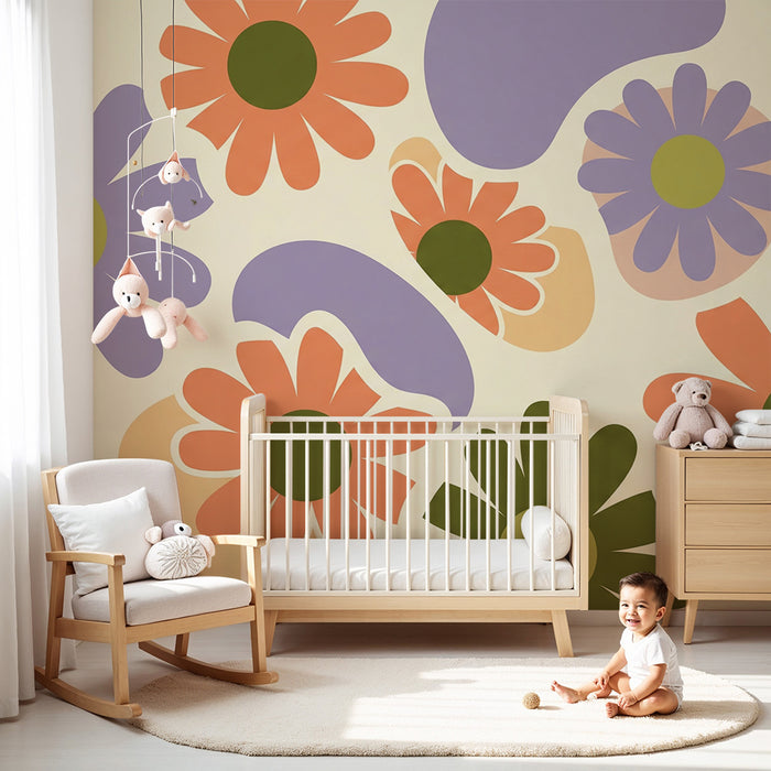Børneværelse tapet | Farverige blomster og abstrakte former på blød baggrund