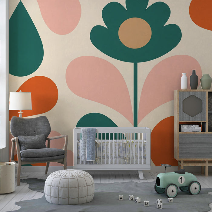 Papier de parede za dječju sobu | Šareni cvjetovi i nježni oblici na krem ​​pozadini