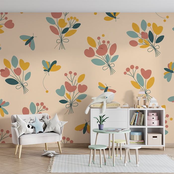 Papel pintado para habitación infantil | Flores e insectos de colores en un ambiente suave