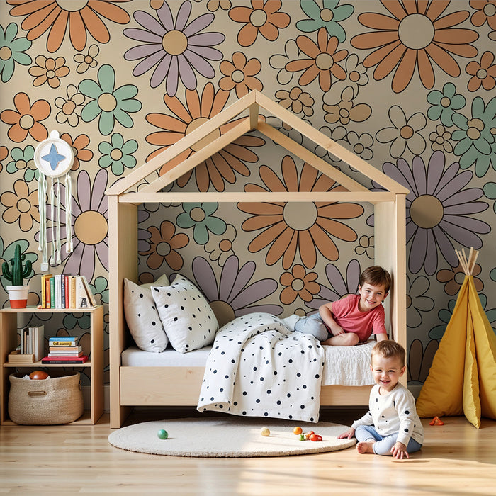 Behang voor babykamer | Vrolijke bloemen in zachte kleuren