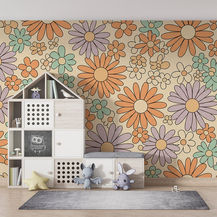 Behang voor babykamer | Vrolijke bloemen in zachte kleuren