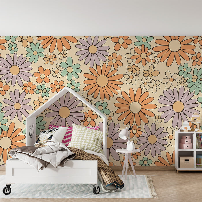 Behang voor babykamer | Vrolijke bloemen in zachte kleuren
