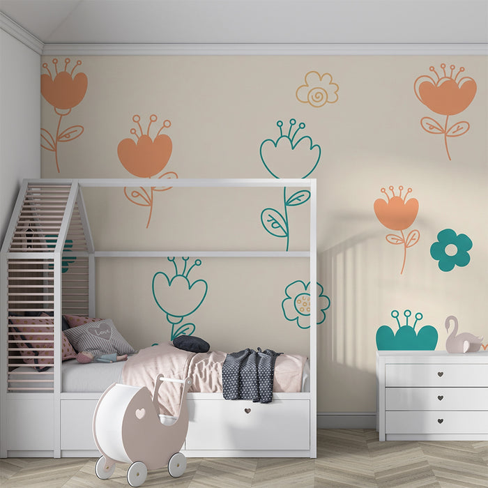 Børneværelse tapet | Farverige blomster og bløde mønstre