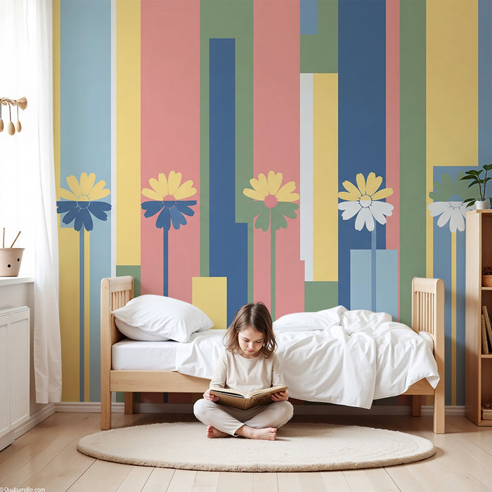 Barnrumstapet | Pastellfärgade blommor och geometriska mönster