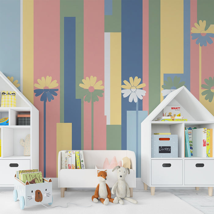 Barnrumstapet | Pastellfärgade blommor och geometriska mönster