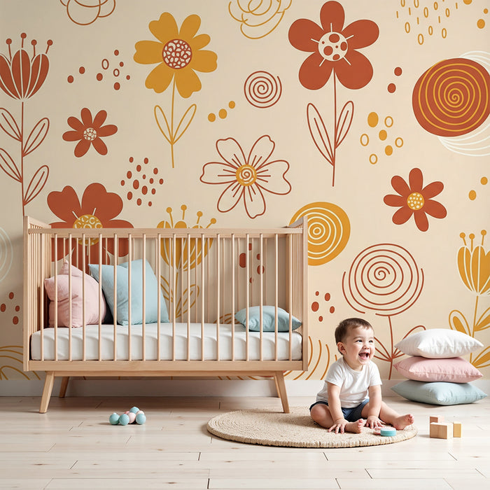 Babyzimmer Tapete | Bunte Blumen und verspielte Muster