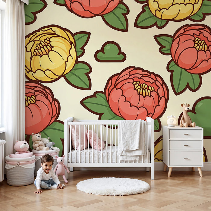 Tapet pentru camera copilului | Flori colorate și nori pufoși pe fond crem