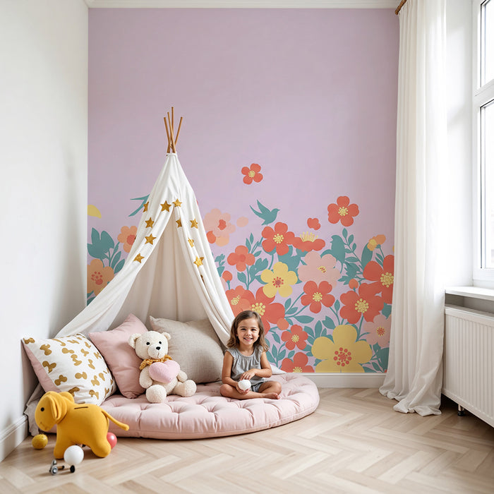 Papier peint chambre bébé | Fleurs colorées et oiseaux sur fond lilas