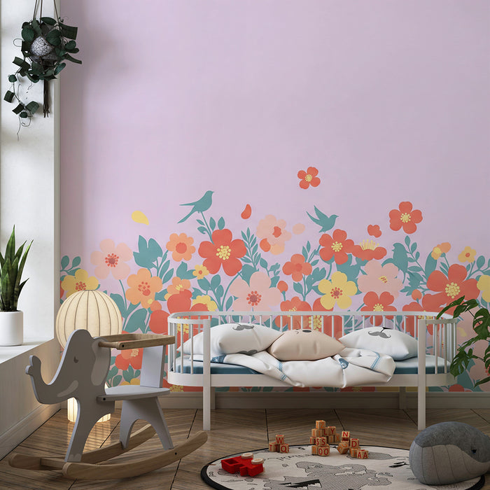 Papier peint chambre bébé | Fleurs colorées et oiseaux sur fond lilas