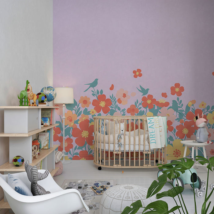 Papier peint chambre bébé | Fleurs colorées et oiseaux sur fond lilas