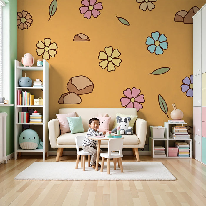 Tapeta do detskej izby | Farebné kvetiny a kamienky na oranžovom pozadí