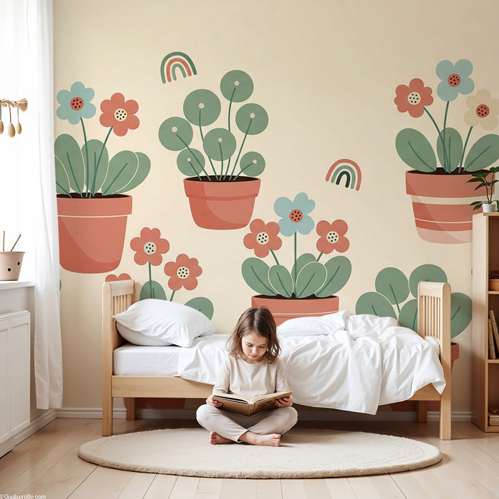 Tapete fürs Babyzimmer | Bunte Blumen und Terrakotta-Töpfe auf sanftem Hintergrund