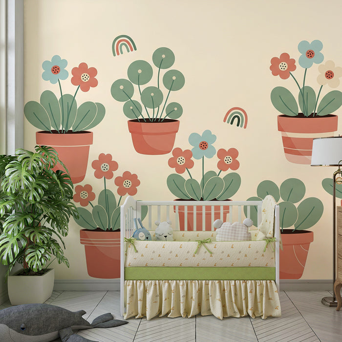 Tapete fürs Babyzimmer | Bunte Blumen und Terrakotta-Töpfe auf sanftem Hintergrund
