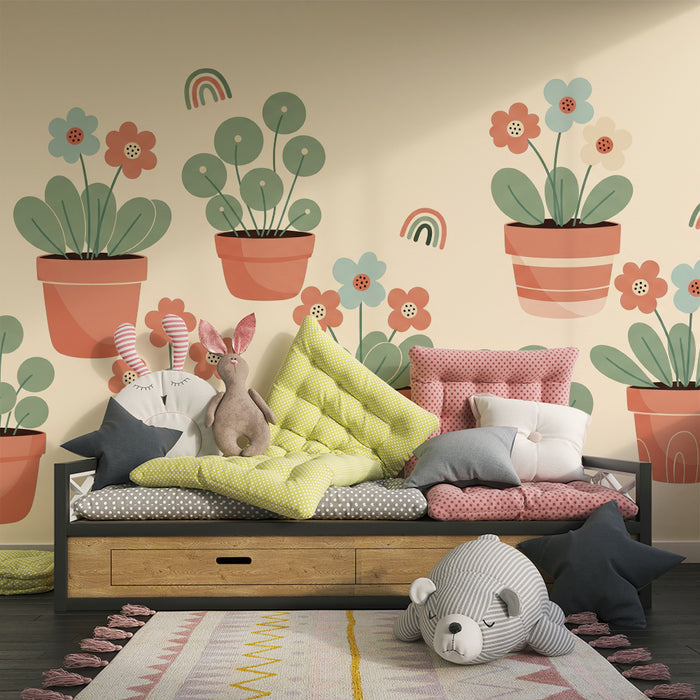 Tapete fürs Babyzimmer | Bunte Blumen und Terrakotta-Töpfe auf sanftem Hintergrund