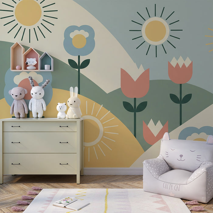 Lastenhuoneen tapetti | Värikkäät kukat ja aurinko lempeässä maisemassa