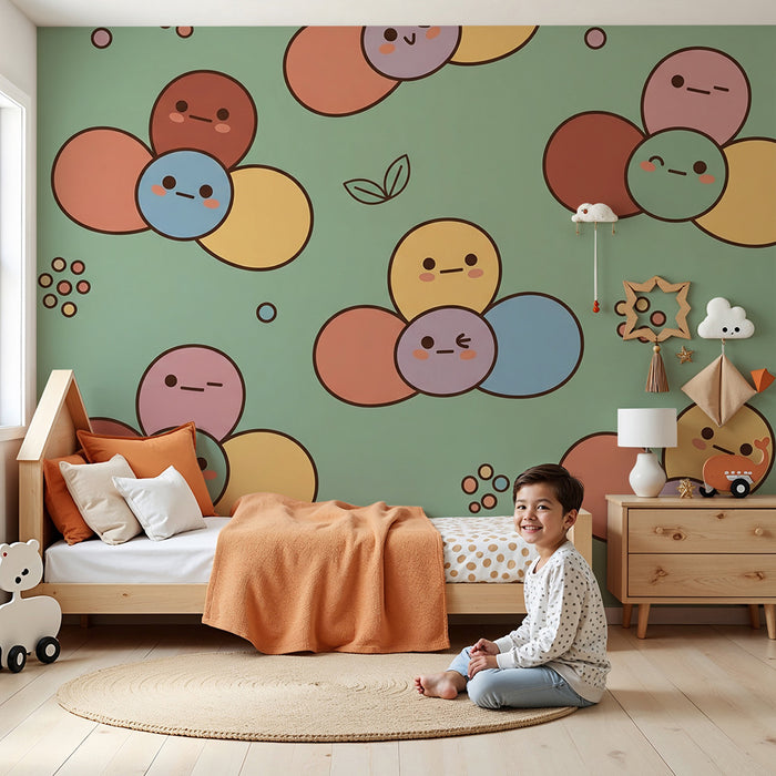 Papel de parede para quarto de bebé | Flores coloridas e rostos sorridentes em fundo pastel