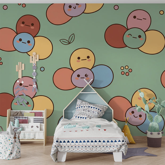 Papel de parede para quarto de bebé | Flores coloridas e rostos sorridentes em fundo pastel