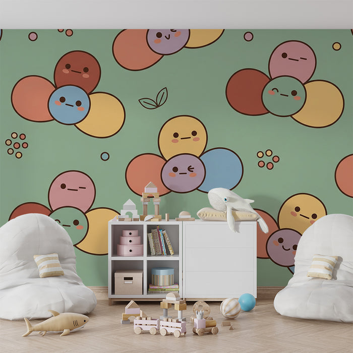 Papel de parede para quarto de bebé | Flores coloridas e rostos sorridentes em fundo pastel