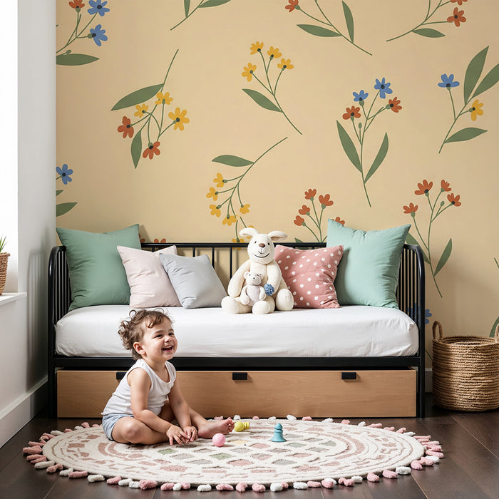 Tapet pentru camera copilului | Flori colorate pe fundal bej pentru un decor liniștitor
