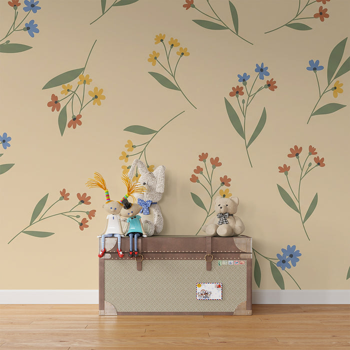 Tapet pentru camera copilului | Flori colorate pe fundal bej pentru un decor liniștitor