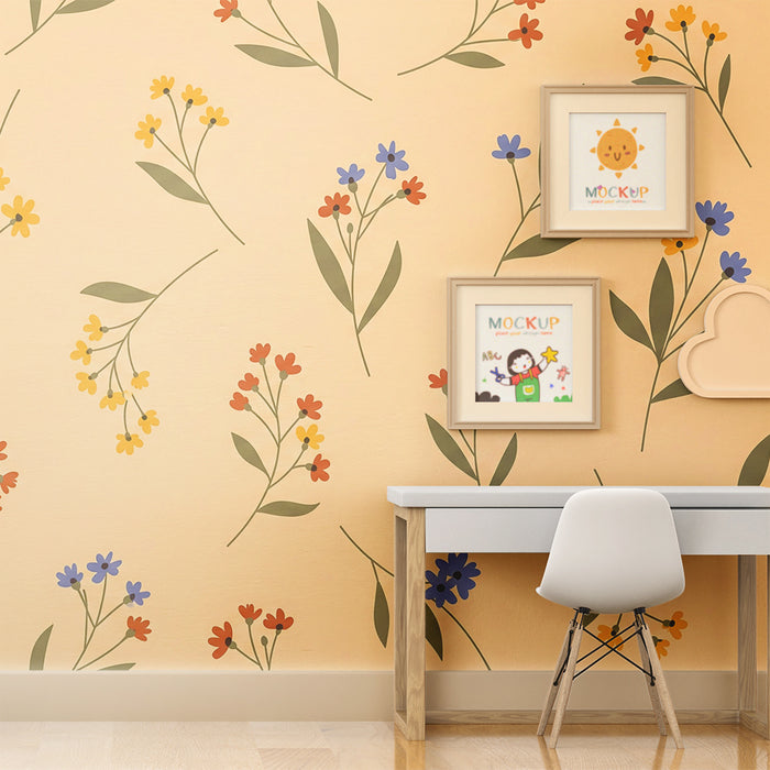 Tapet pentru camera copilului | Flori colorate pe fundal bej pentru un decor liniștitor