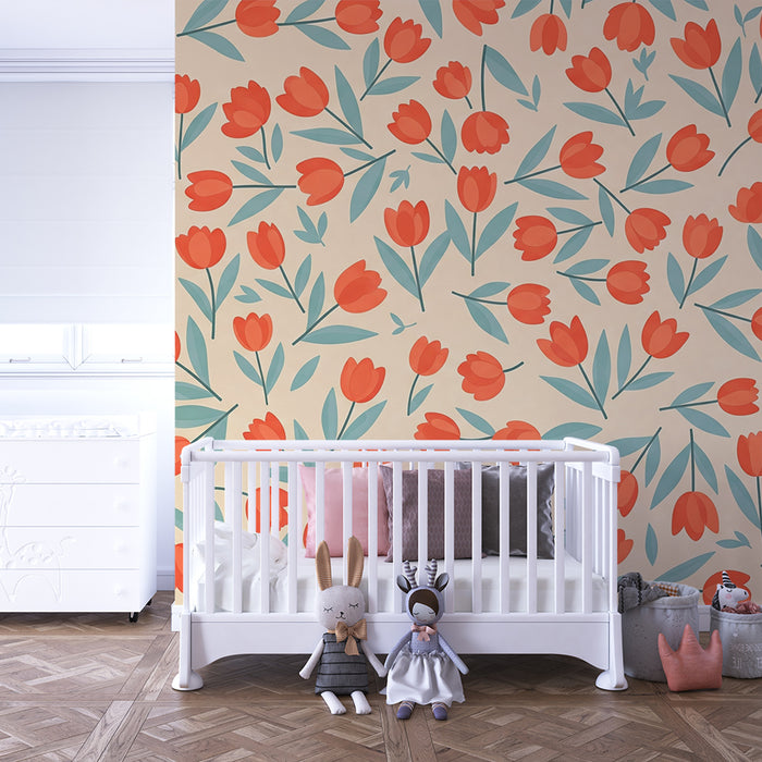 Børneværelse tapet | Farverige blomster på beige baggrund for en blød stemning