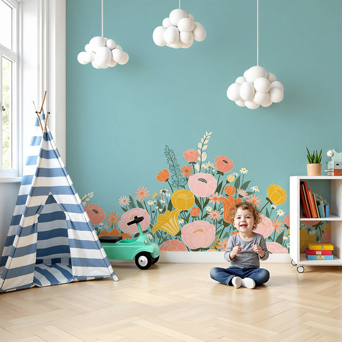 Papier peint chambre bébé | Fleurs colorées sur fond bleu apaisant