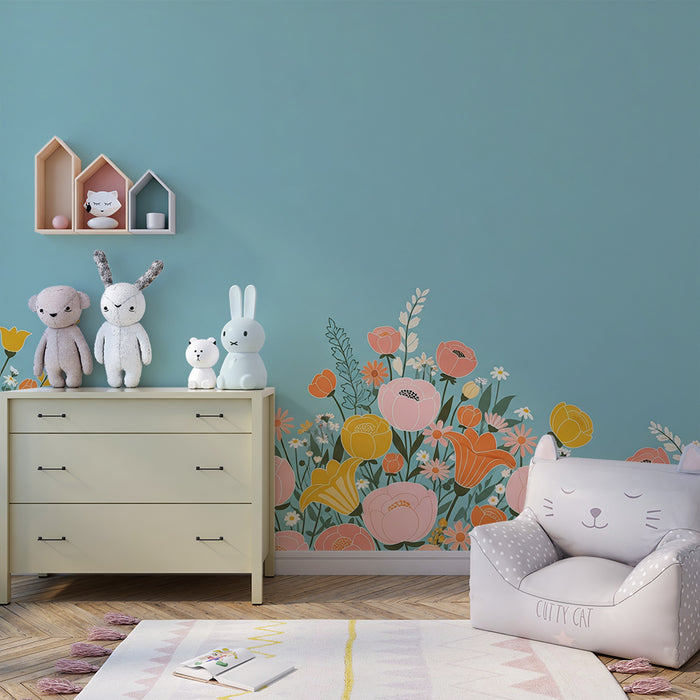 Papier peint chambre bébé | Fleurs colorées sur fond bleu apaisant