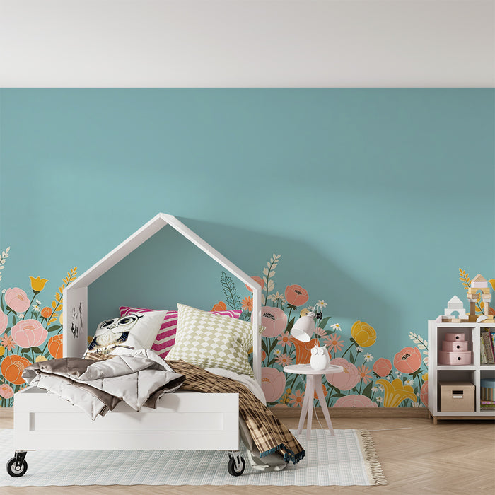Papier peint chambre bébé | Fleurs colorées sur fond bleu apaisant