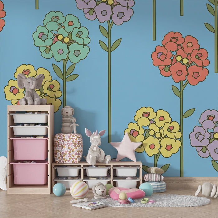 Barnrumspapper | Färgglada blommor på blå bakgrund för en glad stämning