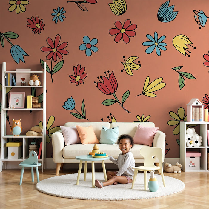 Babyzimmer Tapete | Bunte Blumen auf korallenfarbenem Hintergrund