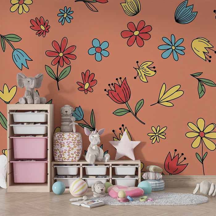 Babyzimmer Tapete | Bunte Blumen auf korallenfarbenem Hintergrund