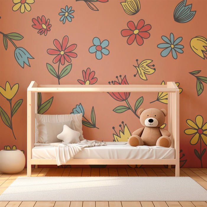 Babyzimmer Tapete | Bunte Blumen auf korallenfarbenem Hintergrund
