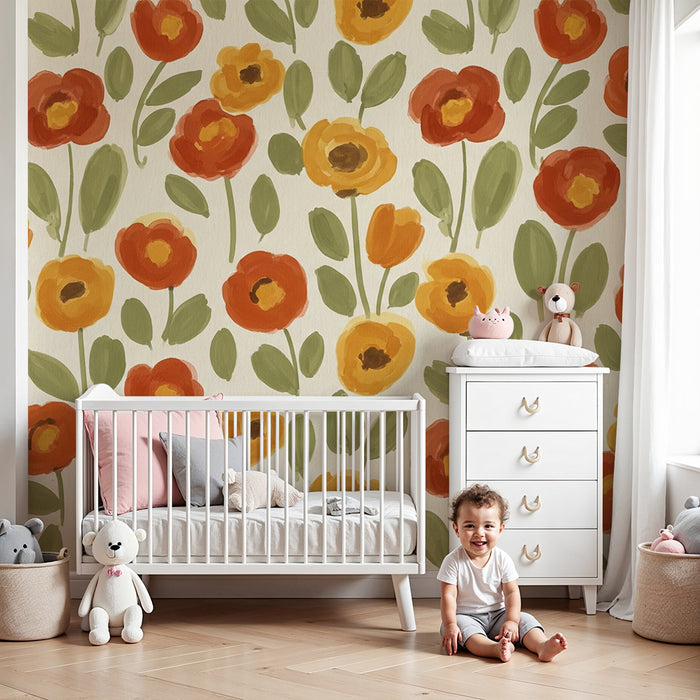 Papel pintado para habitación infantil | Flores coloridas sobre fondo crema para un ambiente suave