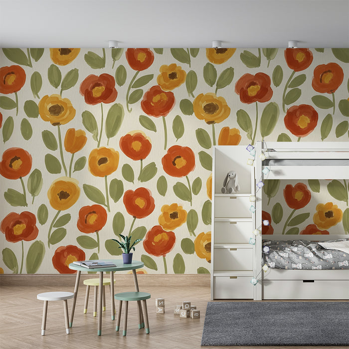 Papel pintado para habitación infantil | Flores coloridas sobre fondo crema para un ambiente suave