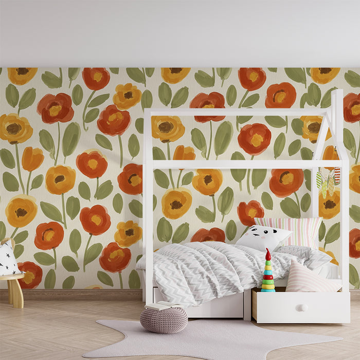 Papel pintado para habitación infantil | Flores coloridas sobre fondo crema para un ambiente suave
