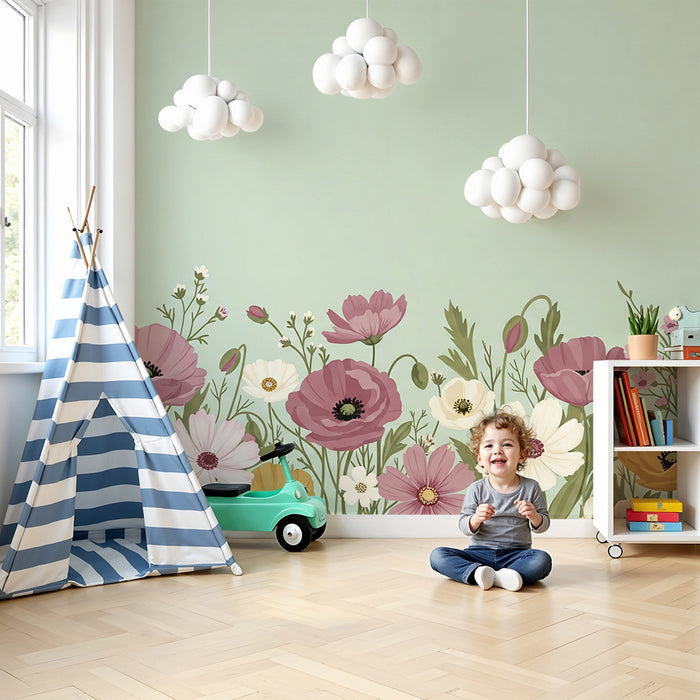 Papier peint chambre bébé | Fleurs colorées sur fond doux vert