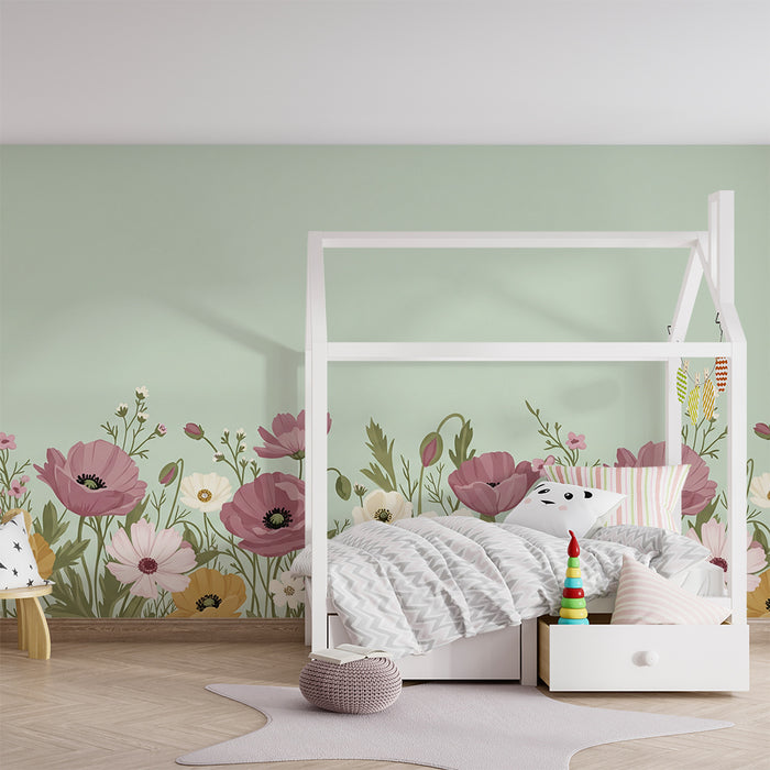 Papier peint chambre bébé | Fleurs colorées sur fond doux vert