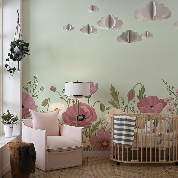 Papier peint chambre bébé | Fleurs colorées sur fond doux vert