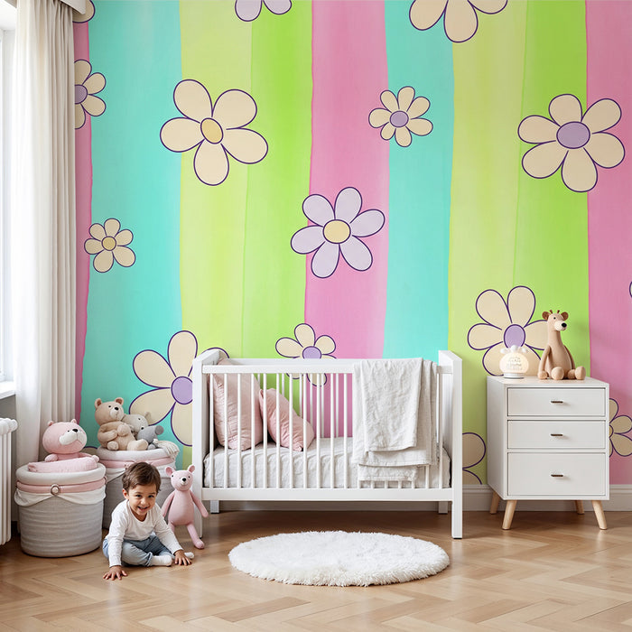 Babykamer behang | Kleurrijke bloemen op pastelkleurige achtergrond met strepen