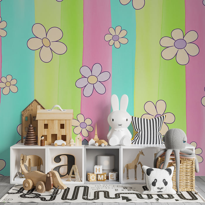 Babykamer behang | Kleurrijke bloemen op pastelkleurige achtergrond met strepen