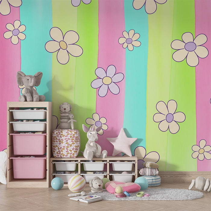 Babykamer behang | Kleurrijke bloemen op pastelkleurige achtergrond met strepen