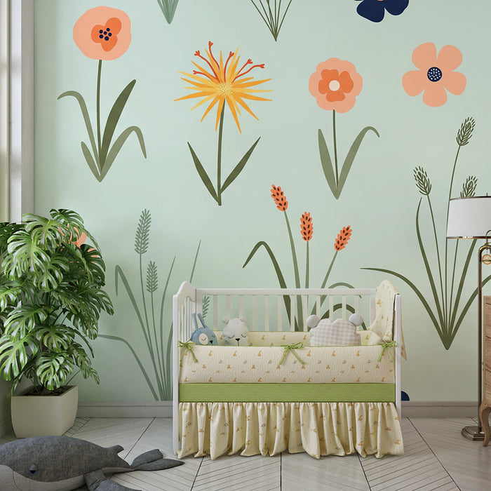 Babyromsveggtapet | Fargerike blomster på pastellbakgrunn for en myk stemning